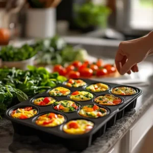 Freshly baked egg muffins with vibrant vegetables in a muffin tray, ready for meal prep on a kitchen counter.