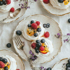 Mini pavlovas on porcelain plates topped with cream, berries, and passionfruit.