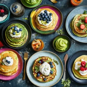 Modern pancakes made with almond flour, matcha, and zucchini, served with blueberries and herbs.