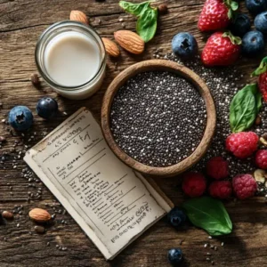 Chia seeds spilled from a bowl, surrounded by almond milk and fresh berries, with a notepad displaying nutritional facts.