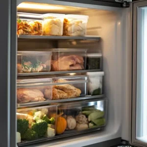 Neatly organized refrigerator shelves with labeled containers of leftovers, including cooked chicken, and a visible temperature gauge.