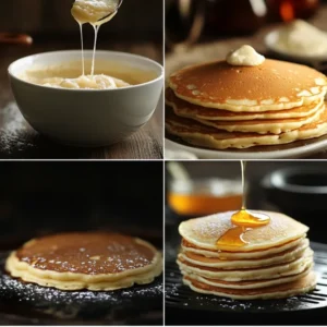 A collage showcasing pancake-making tips: batter consistency, bubbling pancakes on a griddle, and examples of flat vs. fluffy pancakes.