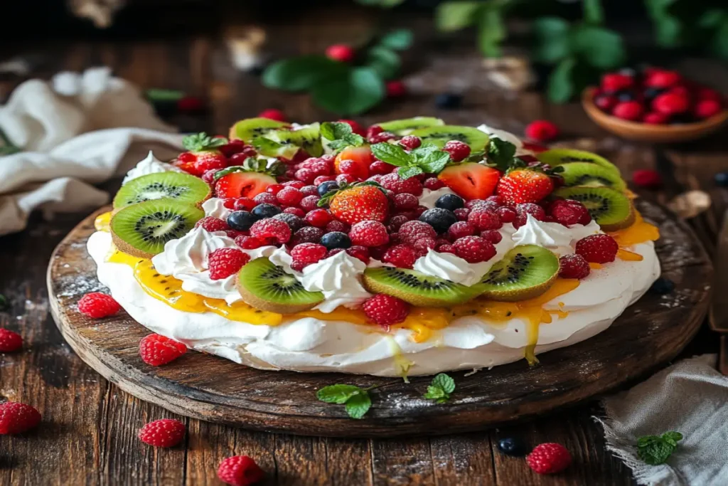 Elegant pavlova dessert topped with kiwi slices, strawberries, passionfruit, whipped cream, and scattered berries on a wooden table.