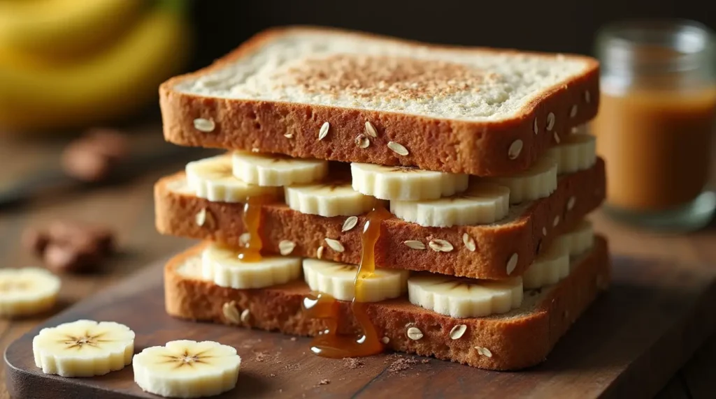 Close-up of a peanut butter banana sandwich with toasted whole-grain bread, creamy peanut butter, fresh banana slices, honey drizzle, and cinnamon sprinkle on a wooden cutting board.