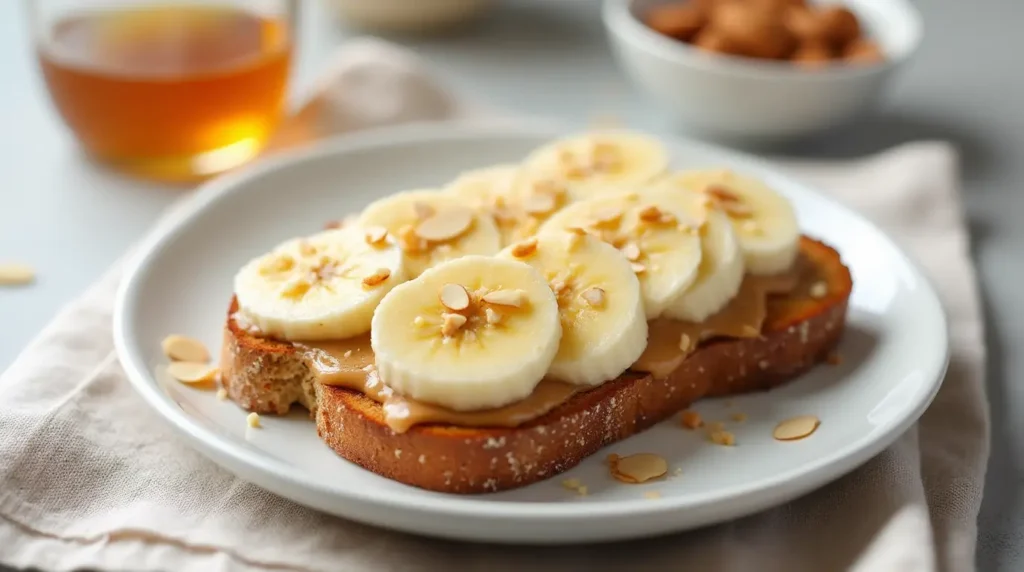 Peanut butter banana toast topped with slivered almonds, banana slices, and a drizzle of honey, served on a modern plate with bowls of almonds and honey.