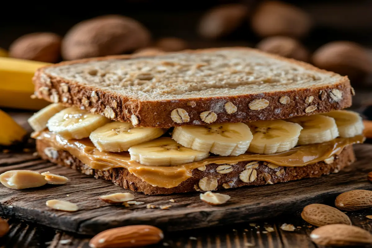 Close-up of a peanut butter banana sandwich with toasted whole-grain bread, creamy peanut butter, fresh banana slices, honey drizzle, and cinnamon sprinkle on a wooden cutting board.