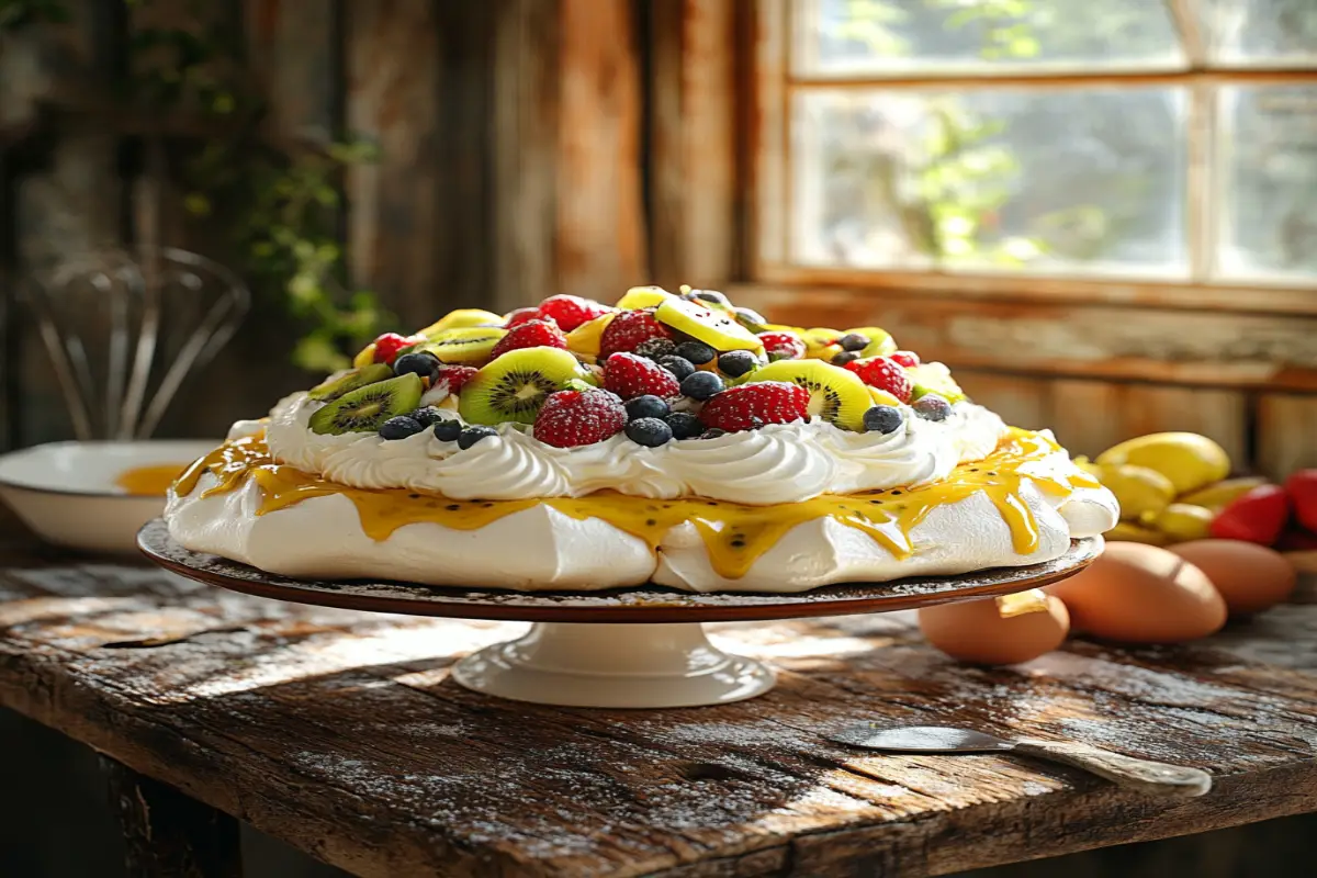 A beautifully crafted pavlova topped with whipped cream, fresh berries, and a drizzle of passionfruit sauce on a white cake stand.