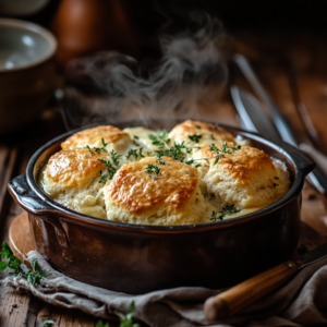 Golden chicken cobbler fresh out of the oven, with steam rising and garnished with herbs.