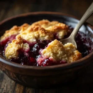 A finished cobbler with a serving spoon scooping out the bubbling fruit filling.