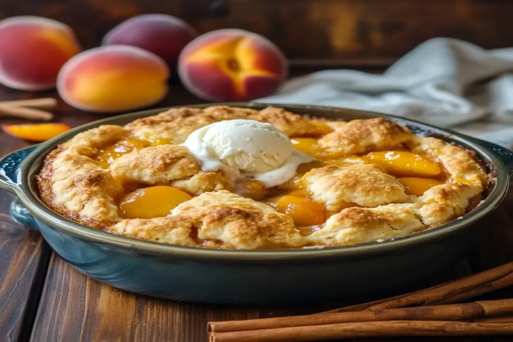 Freshly baked peach cobbler with a golden-brown topping and bubbling fruit filling, served with vanilla ice cream.