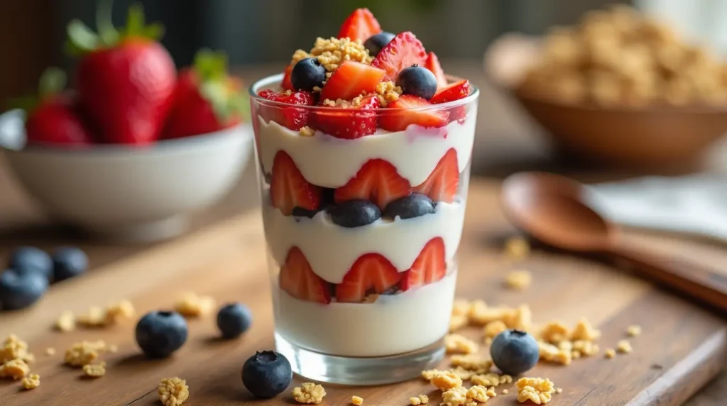 A close-up of a Chick-fil-A-inspired yogurt parfait in a glass, layered with Greek yogurt, fresh strawberries, blueberries, and granola.