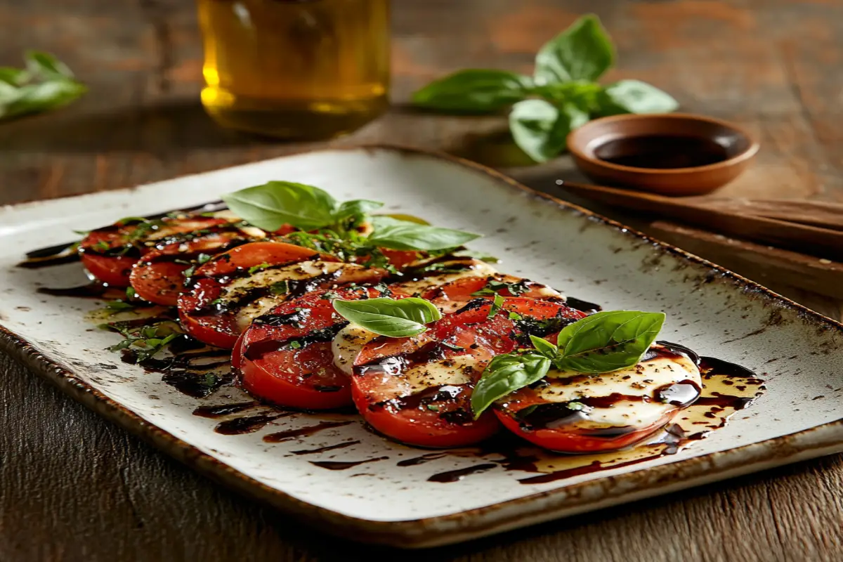 A beautifully plated Caprese salad with fresh slices of ripe tomatoes, creamy mozzarella, vibrant basil leaves, and a glossy drizzle of balsamic glaze on a rustic ceramic plate.