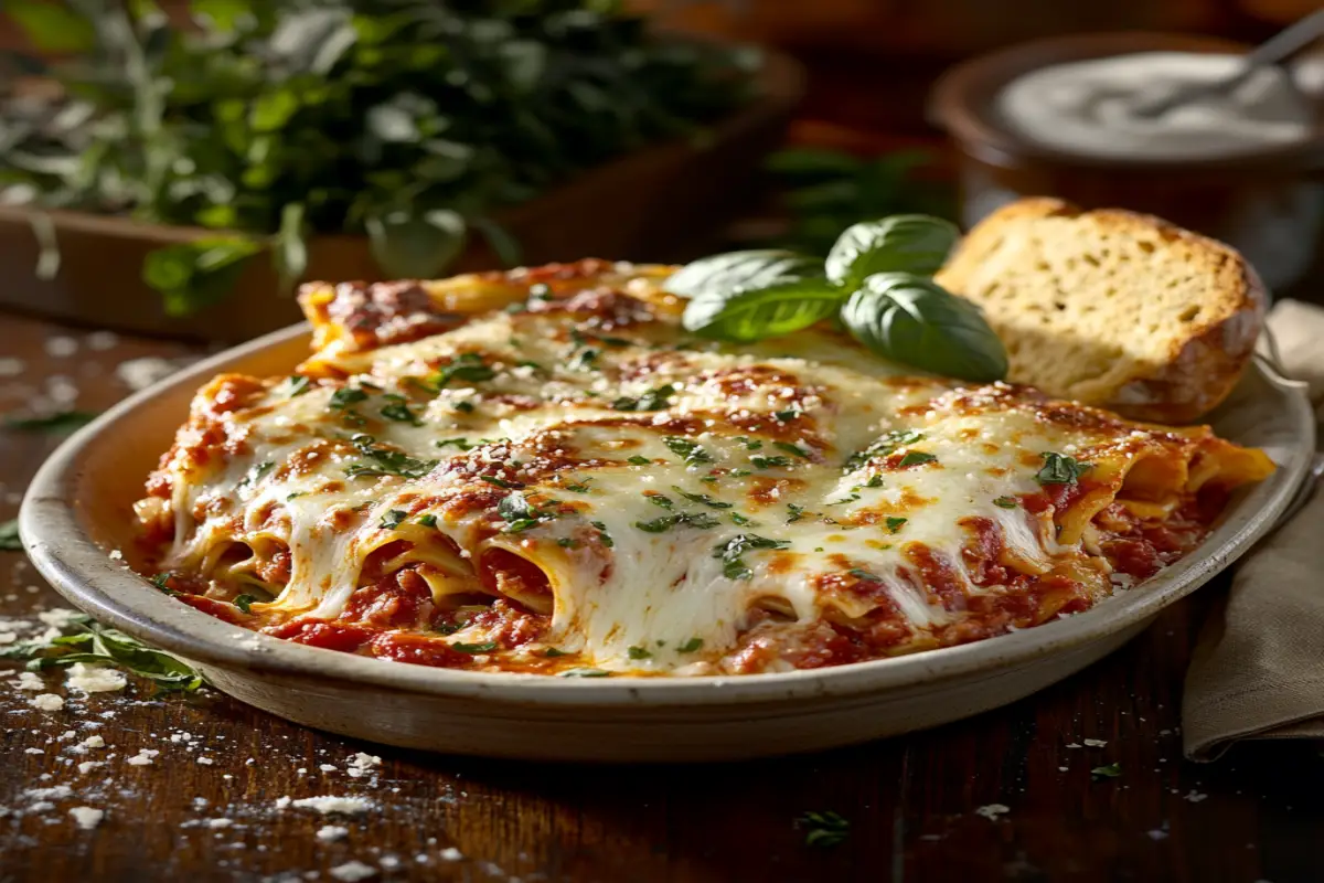 A beautifully styled plate of classic lasagna with layered pasta, rich tomato sauce, melted mozzarella, and golden-brown cheese topping, garnished with fresh basil leaves and served alongside garlic bread on a rustic wooden table.