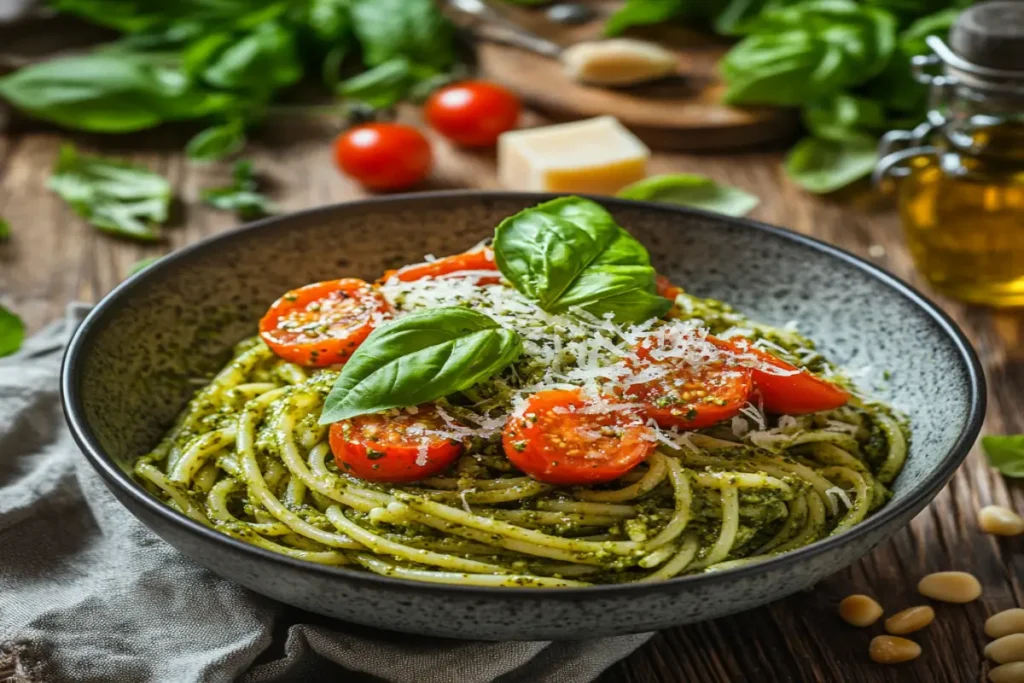 A bowl of pesto pasta with cherry tomatoes on a wooden table, garnished with fresh basil, roasted cherry tomatoes, and Parmesan cheese, surrounded by ingredients like basil leaves, pine nuts, and olive oil.