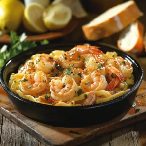 Garlic Butter Shrimp Scampi plated with parsley and lemon on a rustic table.