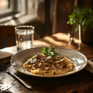 A plated dish of mushroom stroganoff over pasta, garnished with parsley.