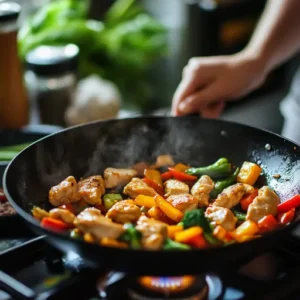 Person cooking chicken stir-fry in a wok with fresh vegetables and spices in a bright kitchen setting.