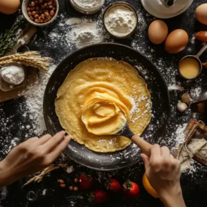 Thin golden crepes cooking in a skillet with batter swirling evenly, surrounded by pancake ingredients.