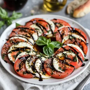 A plated Caprese salad with balsamic glaze, tomatoes, mozzarella, and basil arranged in a spiral, garnished with sea salt and olive oil.