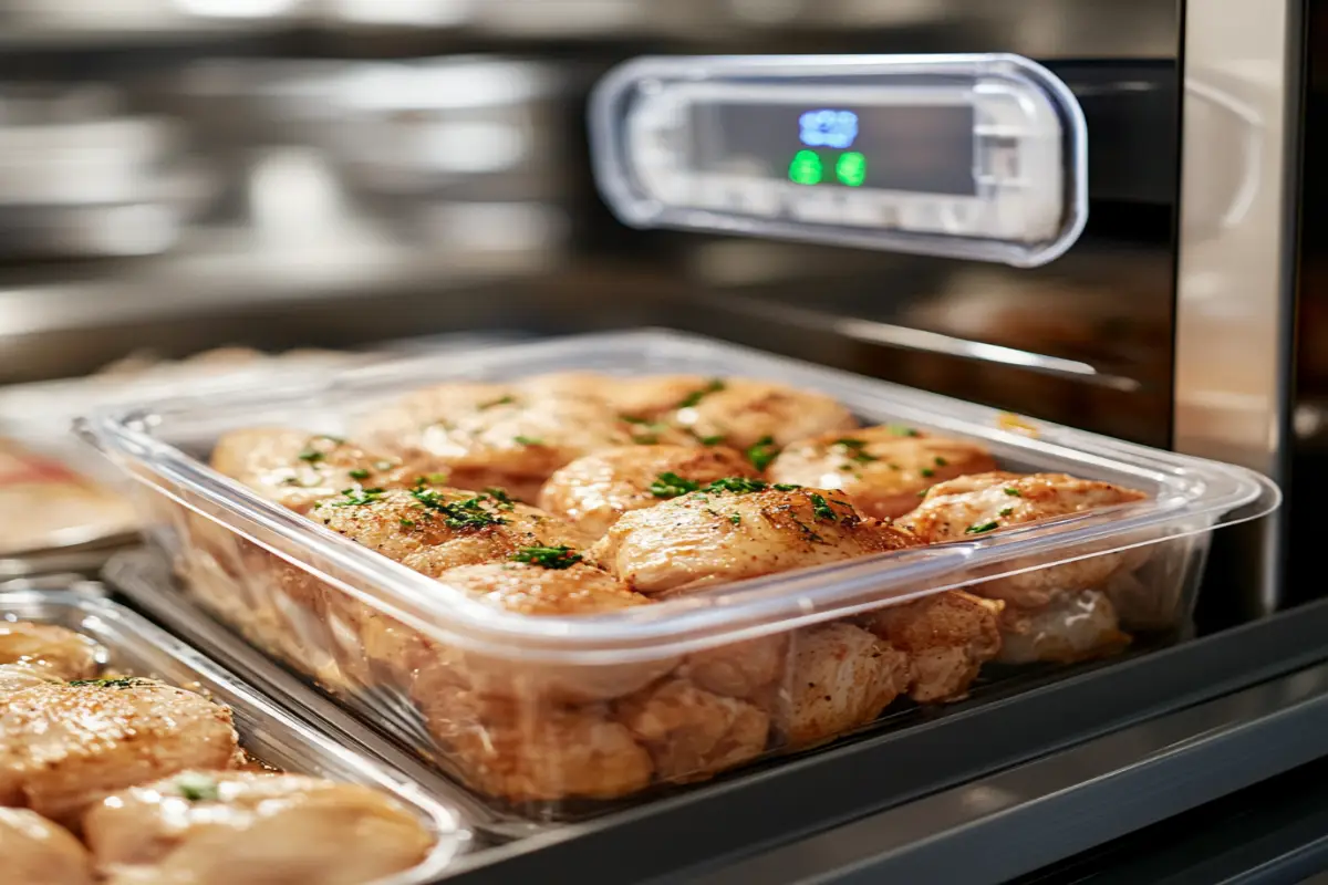 Cooked chicken stored in a labeled container inside a refrigerator with a thermometer, highlighting proper food safety and storage.