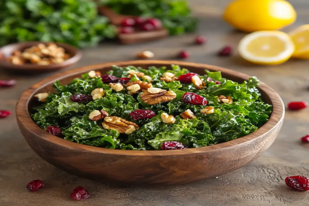 Fresh kale salad with cranberries and walnuts in a wooden bowl, garnished with vinaigrette and surrounded by ingredients on a kitchen counter.