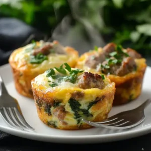 Close-up of three keto egg muffin cups with spinach, turkey sausage, and cheese, served on a white plate with fresh parsley.