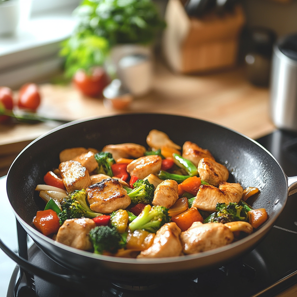 Quick dinner recipe featuring a golden brown chicken stir-fry with vegetables in a cozy kitchen setting.