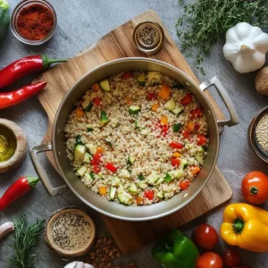 Freshly cooked quinoa with colorful chopped vegetables and spices in a cozy kitchen setting.