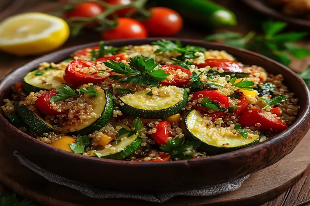 A rustic bowl of quinoa and roasted vegetable salad with zucchini, bell peppers, cherry tomatoes, and parsley, garnished with lemon slices.