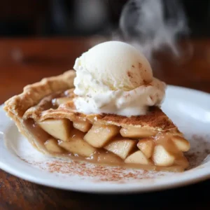 Reheated slice of apple pie with steam rising, served with vanilla ice cream and cinnamon garnish on a white plate.