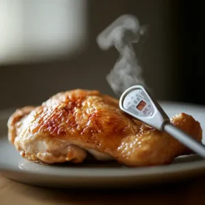 Food thermometer in reheated chicken showing a temperature of 165°F, with visible steam rising from the plate.