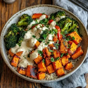 Roasted veggie quinoa bowl with sweet potatoes, broccoli, and peppers, garnished with tahini dressing and fresh parsley.