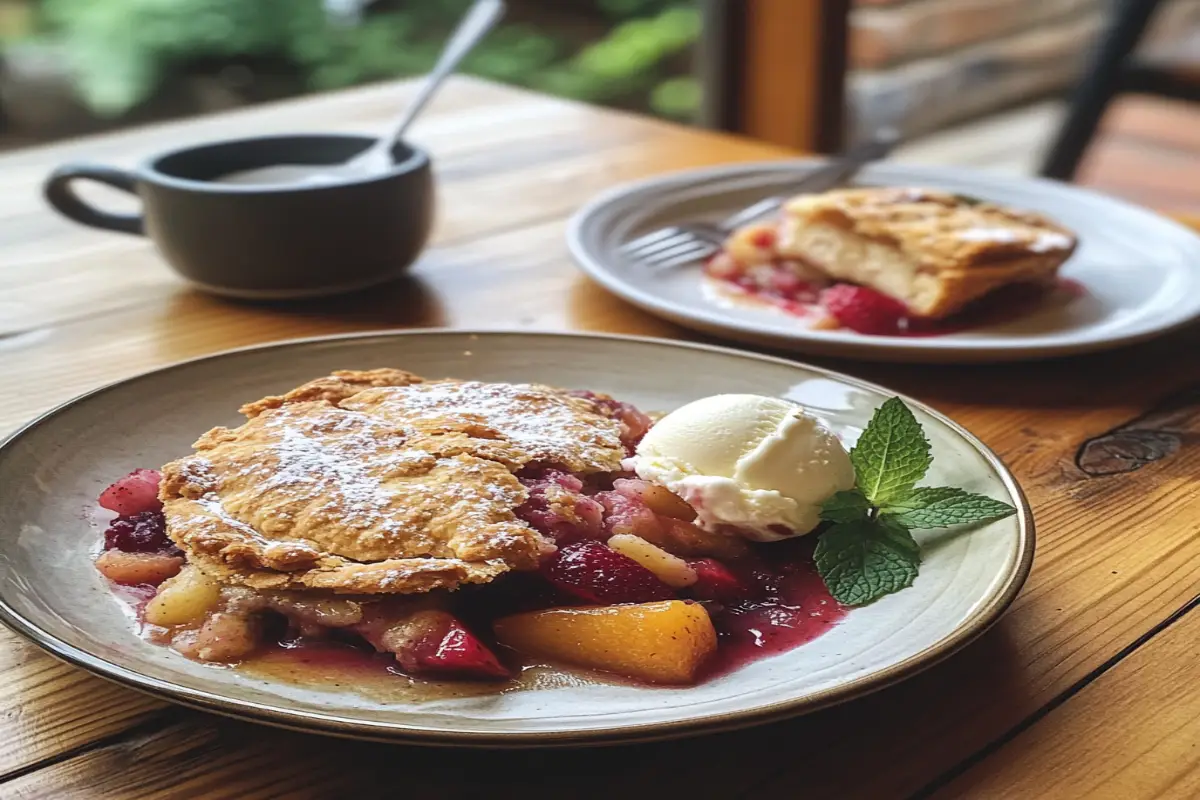 A cobbler served in two styles: one warm with ice cream and another chilled with fresh fruit and mint garnish.