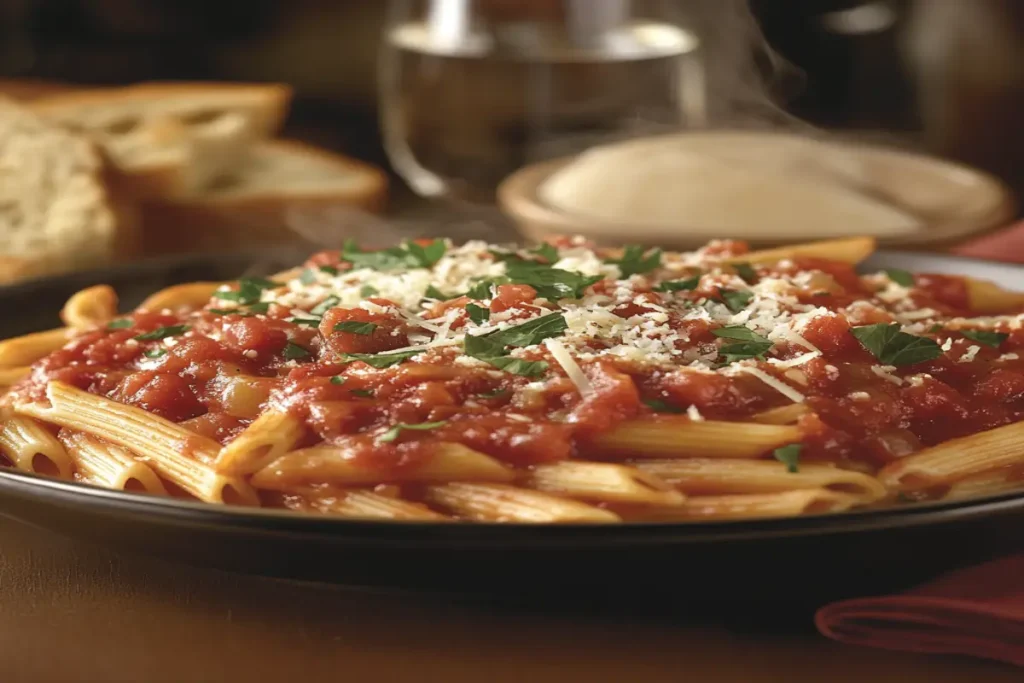 A steaming plate of Penne Arrabbiata topped with fresh parsley and Parmesan cheese, served on a rustic table with garlic bread and sparkling water.