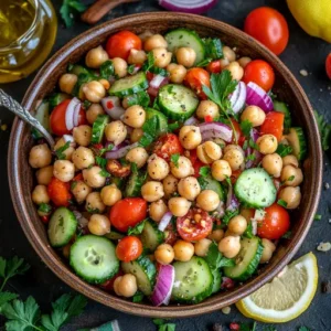 Top-down view of a vibrant Mediterranean Chickpea Salad with fresh vegetables and herbs in a rustic bowl.