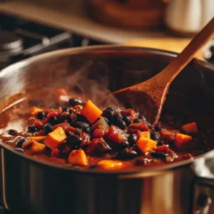 A pot of simmering sweet potato black bean chili with vibrant colors and steam rising, set in a cozy kitchen.