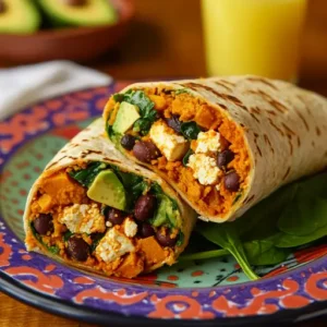 Vegan breakfast burrito filled with roasted sweet potatoes, crumbled tofu, black beans, spinach, and avocado slices on a colorful plate.