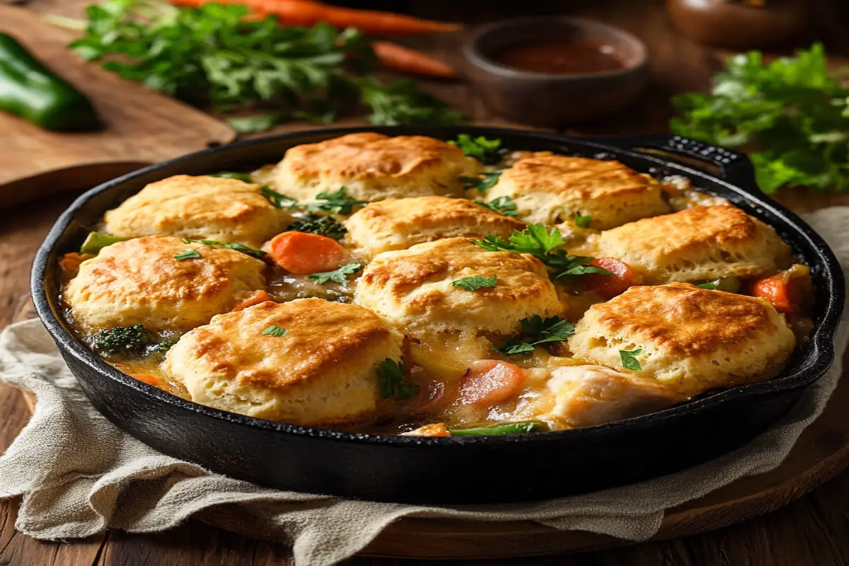 Southern-style Chicken Cobbler in a cast-iron skillet with golden biscuit topping and creamy filling, placed on a rustic wooden table.