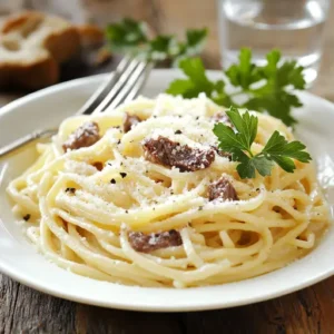 A plate of creamy Spaghetti Carbonara garnished with cheese, bacon bits, and black pepper.