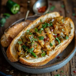 Spicy and cheesy filling for Bombay chilli cheese ciabatta with onions, melted cheese, and green chilies garnished with coriander.