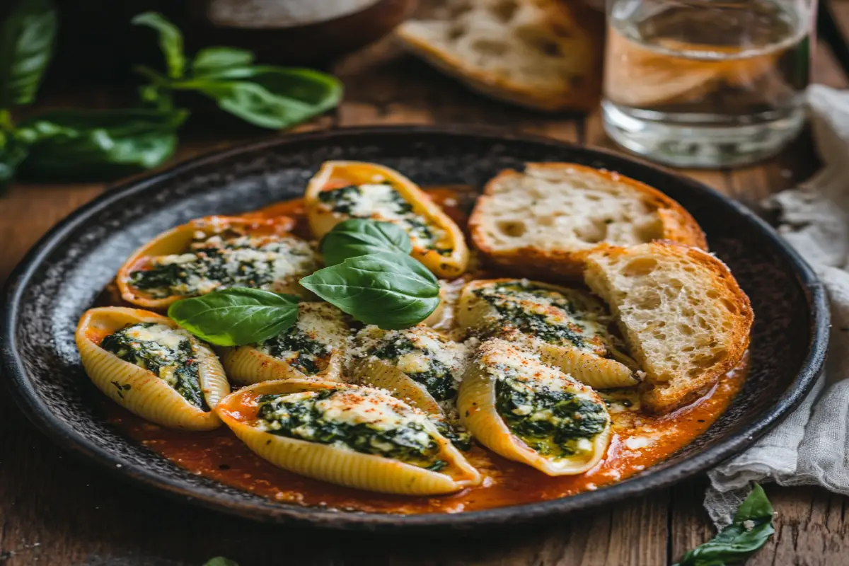 Spinach and ricotta stuffed shells garnished with fresh basil, served on a rustic table alongside garlic bread and a glass of water.