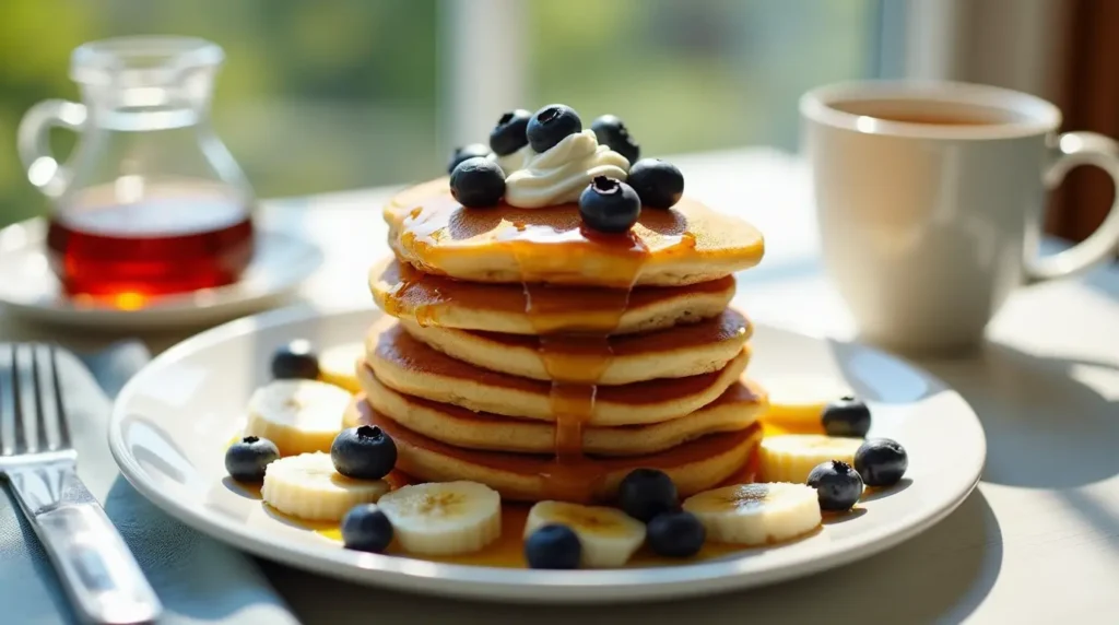 A stack of golden banana pancakes topped with sliced bananas, blueberries, maple syrup, and Greek yogurt.