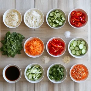 Flat lay of ingredients for Thai Peanut Noodle Salad, including rice noodles, peanut butter, vegetables, and lime on a wooden table.