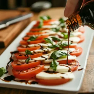 The process of assembling a Caprese salad with slices of tomato and mozzarella layered on a white platter, topped with fresh basil and a drizzle of balsamic glaze.