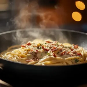 Spaghetti tossed in a skillet with creamy Carbonara sauce, turkey bacon, and cheese.