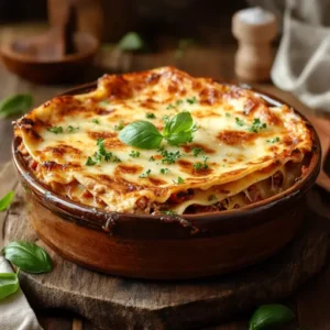 A freshly baked classic lasagna in a ceramic dish with bubbling golden cheese, garnished with parsley and set in a rustic kitchen.