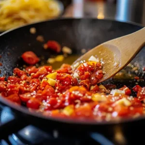 Garlic and chili flakes sizzling in olive oil with tomatoes being stirred in a skillet on a stovetop.