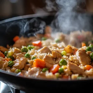 Chicken fried rice being stir-fried in a wok with vibrant vegetables, tender chicken, and fluffy rice in a kitchen setting.