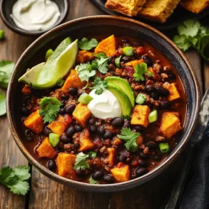 A bowl of sweet potato black bean chili garnished with cilantro, avocado, and lime, served with cornbread on a rustic table.