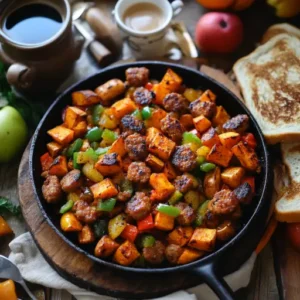 Sweet potato breakfast skillet with golden cubes of sweet potato, crispy chicken sausage slices, and diced green bell peppers.